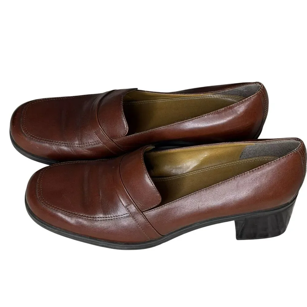 Naturalizer Womens Leather Loafers Block Heel Slip On Shoes Brown 9.5